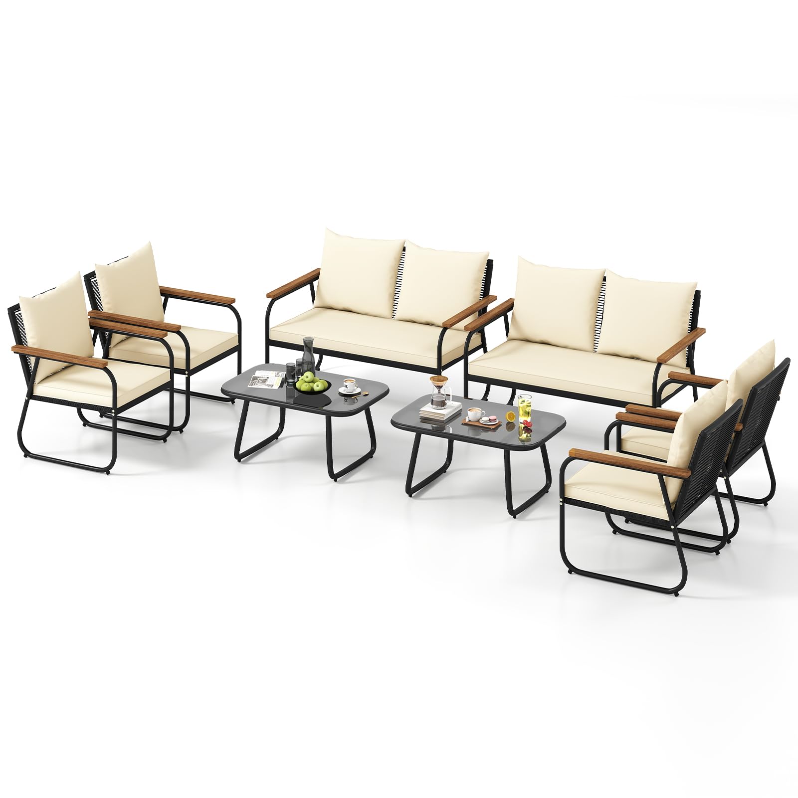 Ensemble de meubles de terrasse en osier Tangkula, salon de jardin avec table basse en verre trempé